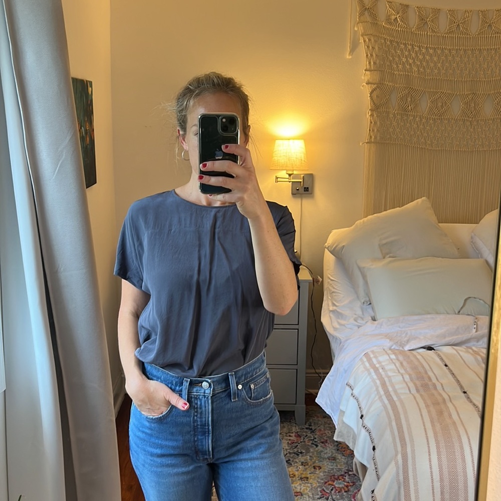 Madewell Short Sleeve Silk Blouse Tee Gray Blue